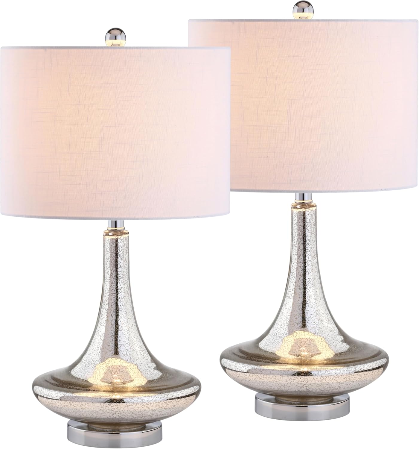 JONATHAN Y 25.5' Mercury Silver Glass Teardrop Table Lamp Set of 2 for Bedroom, Modern Bedside Lamps for Living Room, White Linen Drum Shade, LED Bulbs Included JYL1081A-SET2