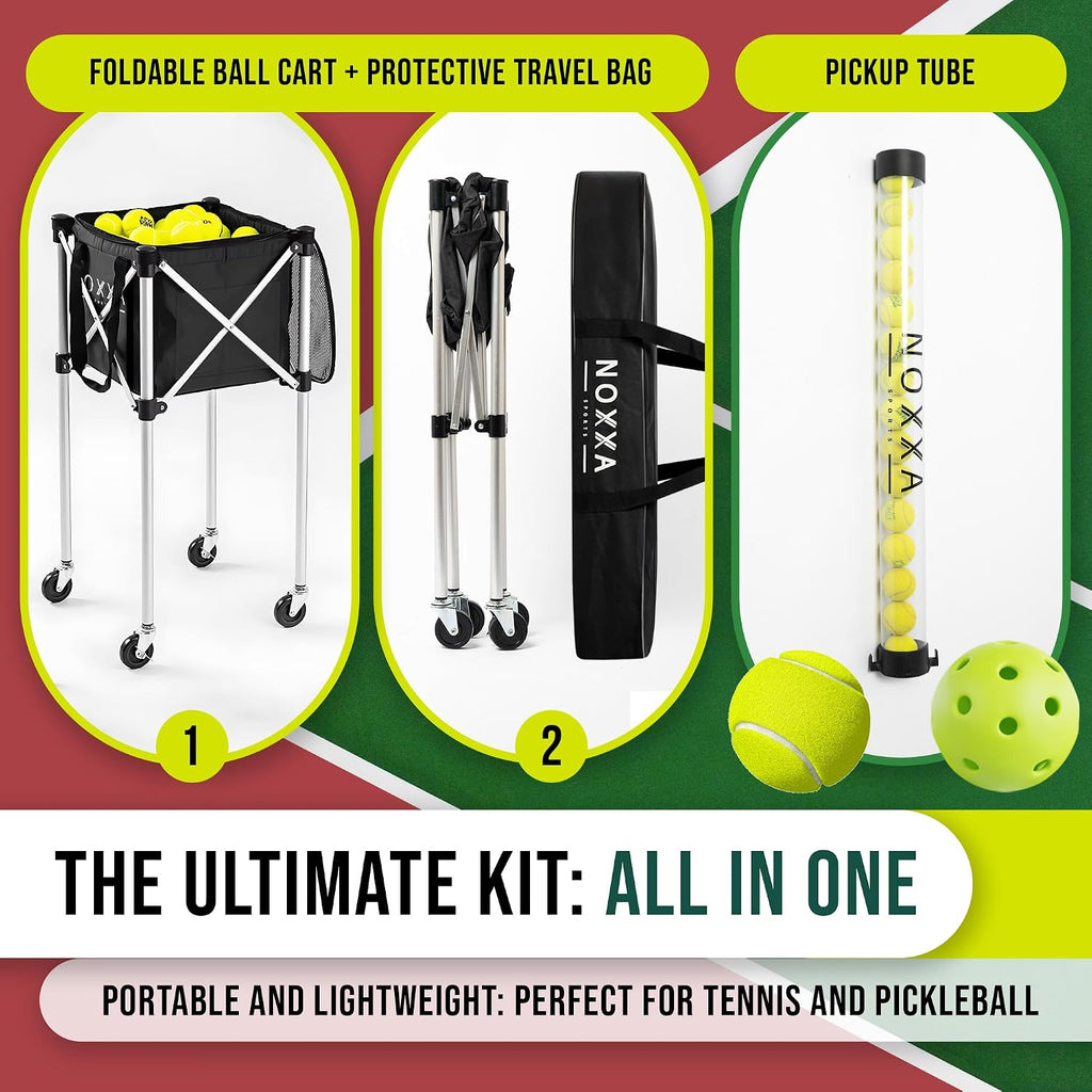 Tennis and Pickleball Ball Hopper with Pickup Tube – Pickleball Tennis Ball Basket with Wheels, 150 Tennis Ball or 120 Pickleball Ball Holder Capacity, Indoor and Outdoor
