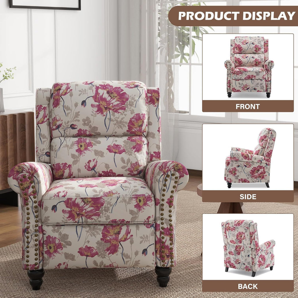 Floral Pushback Recliner Chairs Set of 2, Fabric Overstuffed Armchair Push Back Accent Chair for Living Room, Rivet Trim Club Chair Home Theater Single Sofa Bedroom Reading Seat