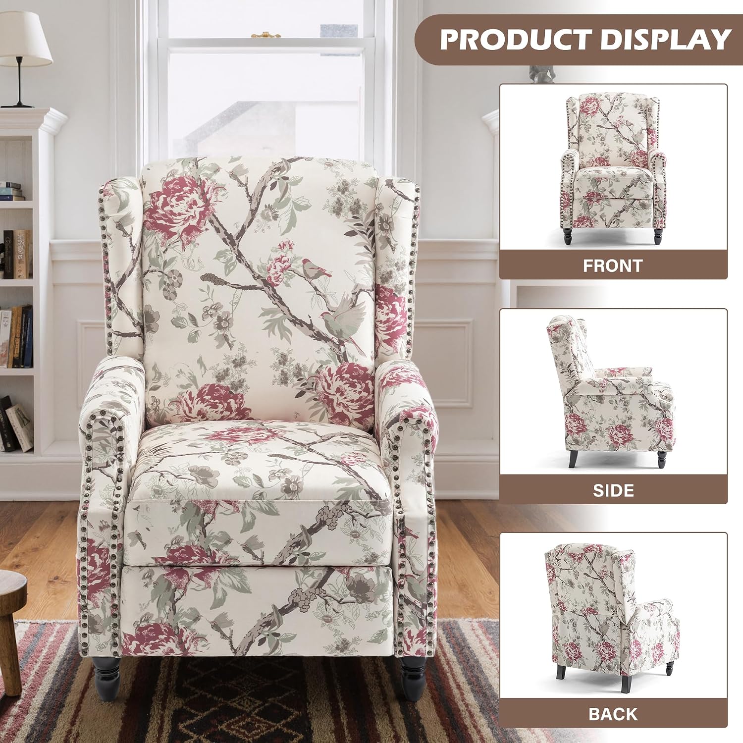 Set of 2 Floral Pushback Recliner Chairs, Fabric Upholstered Rivet Trim Accent Club Chairs for Living Room, Home Theater- Red Floral