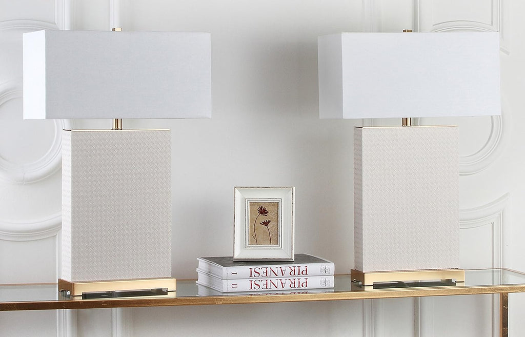 SAFAVIEH Lighting Collection Joyce Modern Art Deco Cream Faux Woven Leather Rectangle Shade 28-inch Bedroom Living Room Home Office Desk Nightstand Table Lamp Set of 2 (LED Bulbs Included)