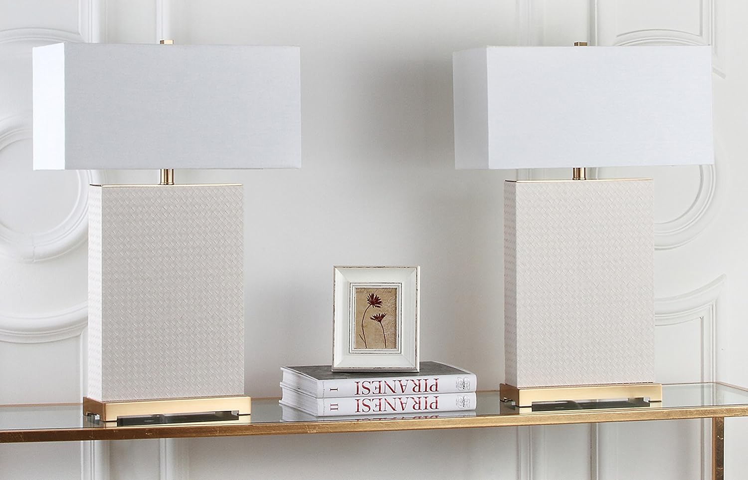 SAFAVIEH Lighting Collection Joyce Modern Art Deco Cream Faux Woven Leather Rectangle Shade 28-inch Bedroom Living Room Home Office Desk Nightstand Table Lamp Set of 2 (LED Bulbs Included)