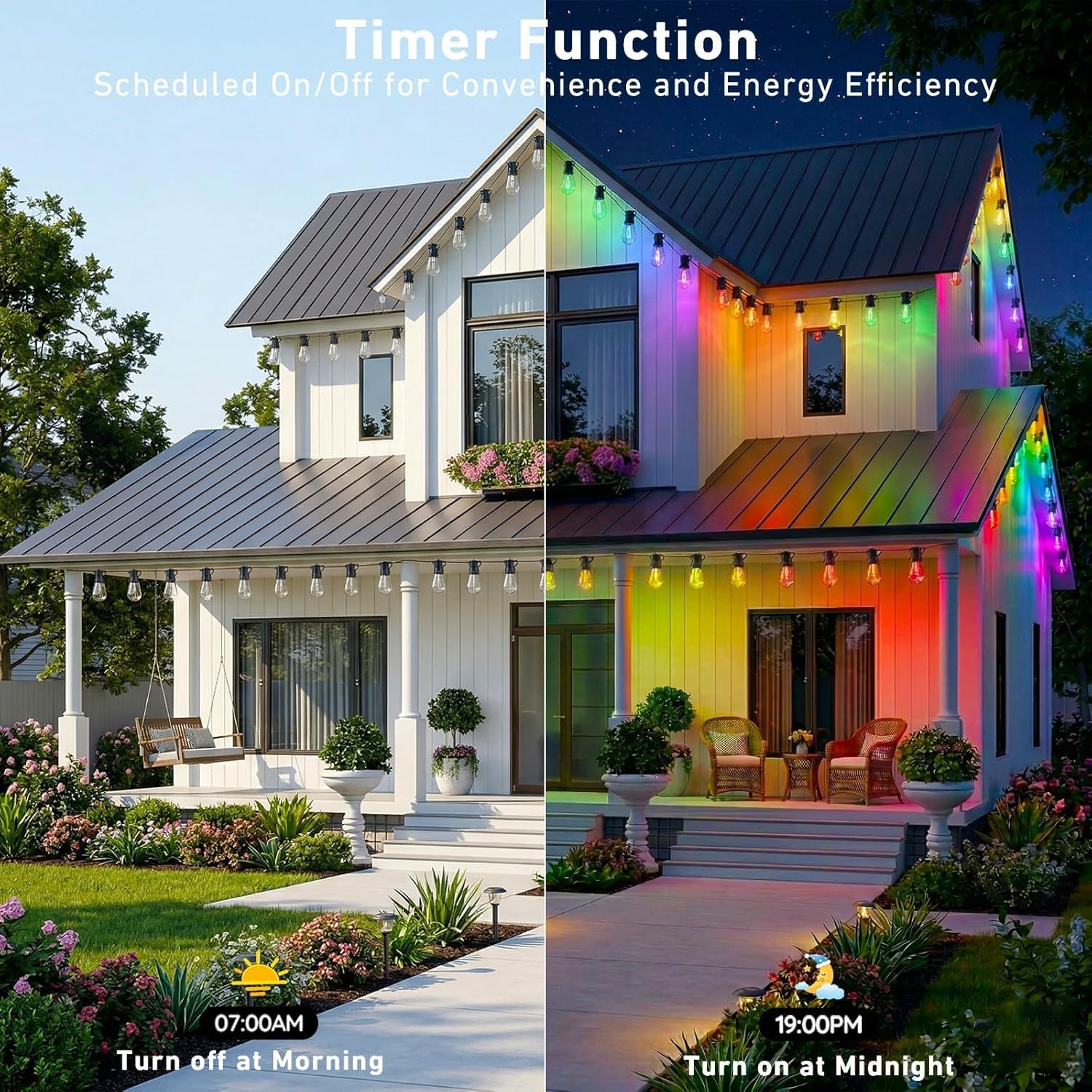 Outdoor String Lights,200FT Smart RGB+IC Patio Lights with Shatterproof LED Bulbs ,Outside Light Dimmable Patio for Decor DIY IP67 Waterproof ,Courtyard, garden,Holiday,LED lights more Scene Modes
