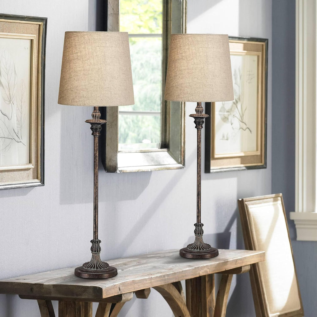 Regency Hill Bentley Traditional French Country Style Buffet Table Lamps 31.5' Tall Skinny Set of 2 Weathered Brown Ridged Linen Fabric Tapered Drum Shade Decor for Living Room House Home Dining