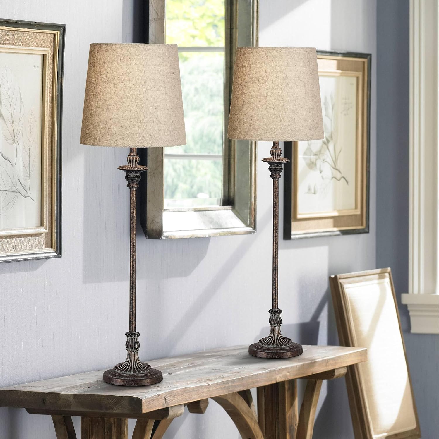 Regency Hill Bentley Traditional French Country Style Buffet Table Lamps 31.5' Tall Skinny Set of 2 Weathered Brown Ridged Linen Fabric Tapered Drum Shade Decor for Living Room House Home Dining