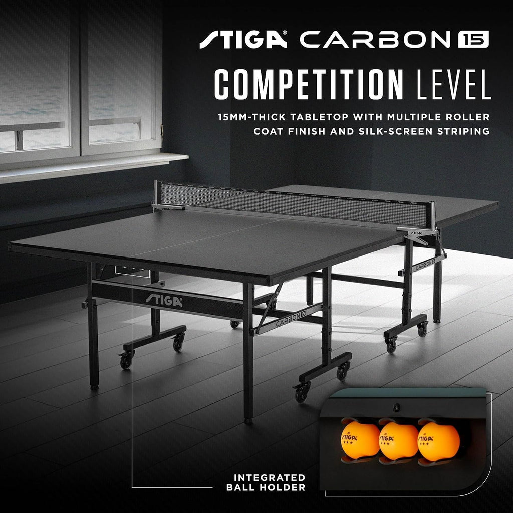 STIGA Carbon Series Indoor Table Tennis Table with 15mm - 18mm Performance Top, QuickPlay Assembly, Built-in Ball Storage, Foldable Playback Mode & Lockable Casters