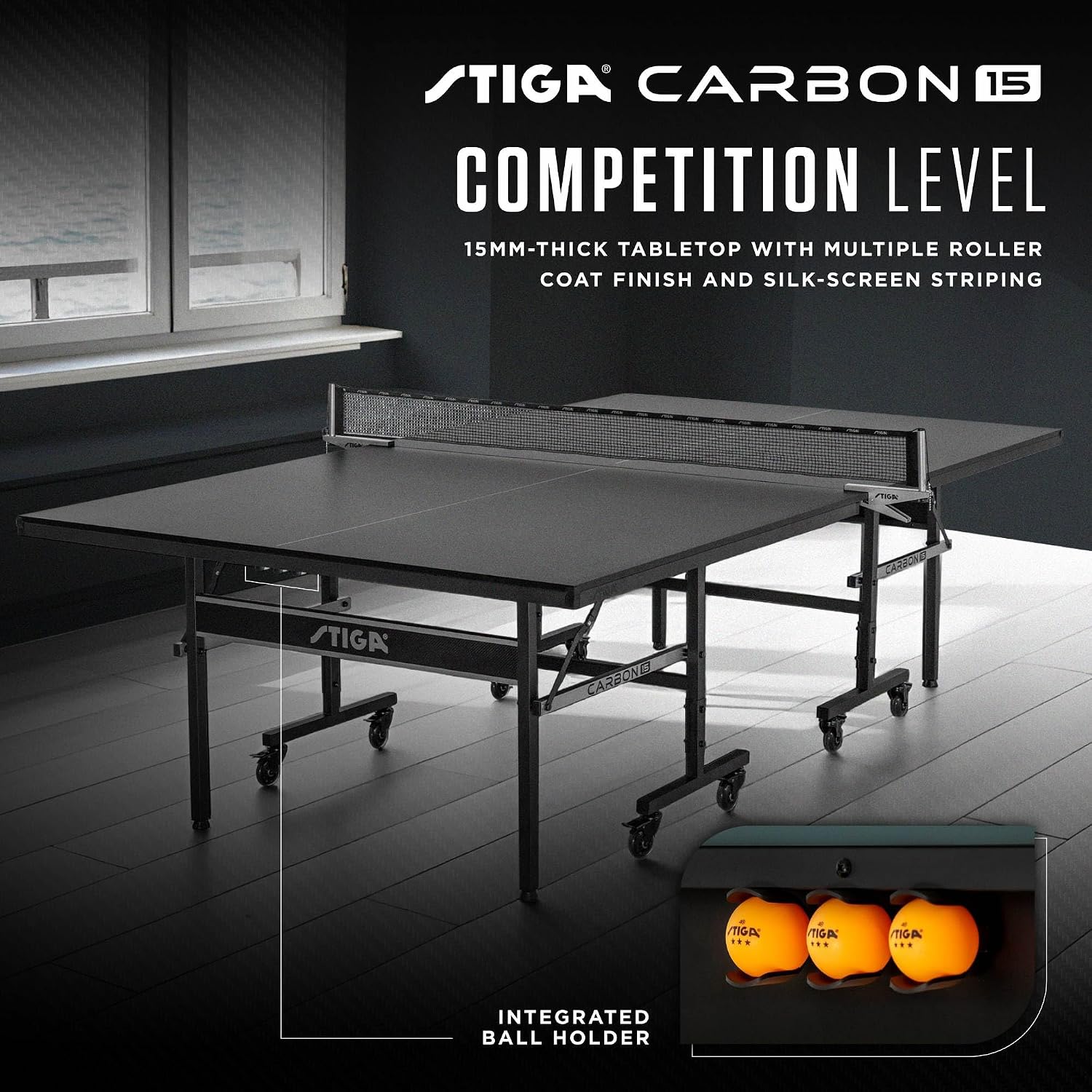 STIGA Carbon Series Indoor Table Tennis Table with 15mm - 18mm Performance Top, QuickPlay Assembly, Built-in Ball Storage, Foldable Playback Mode & Lockable Casters