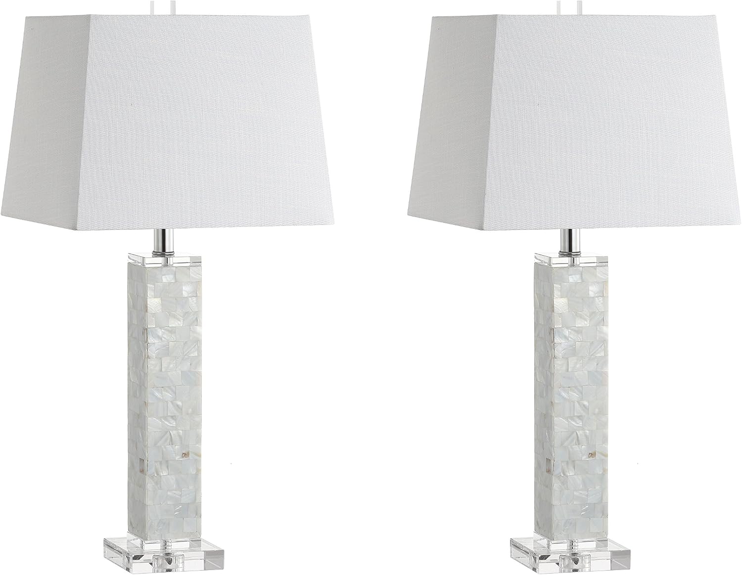 JONATHAN Y 28.5' White Mother-of-Pearl Seashell LED Table Lamp Set of 2, Coastal Contemporary Mosaic Pillar for Living Room, Crystal Base, White Linen Shade, LED Bulbs Included JYL1053A-SET2