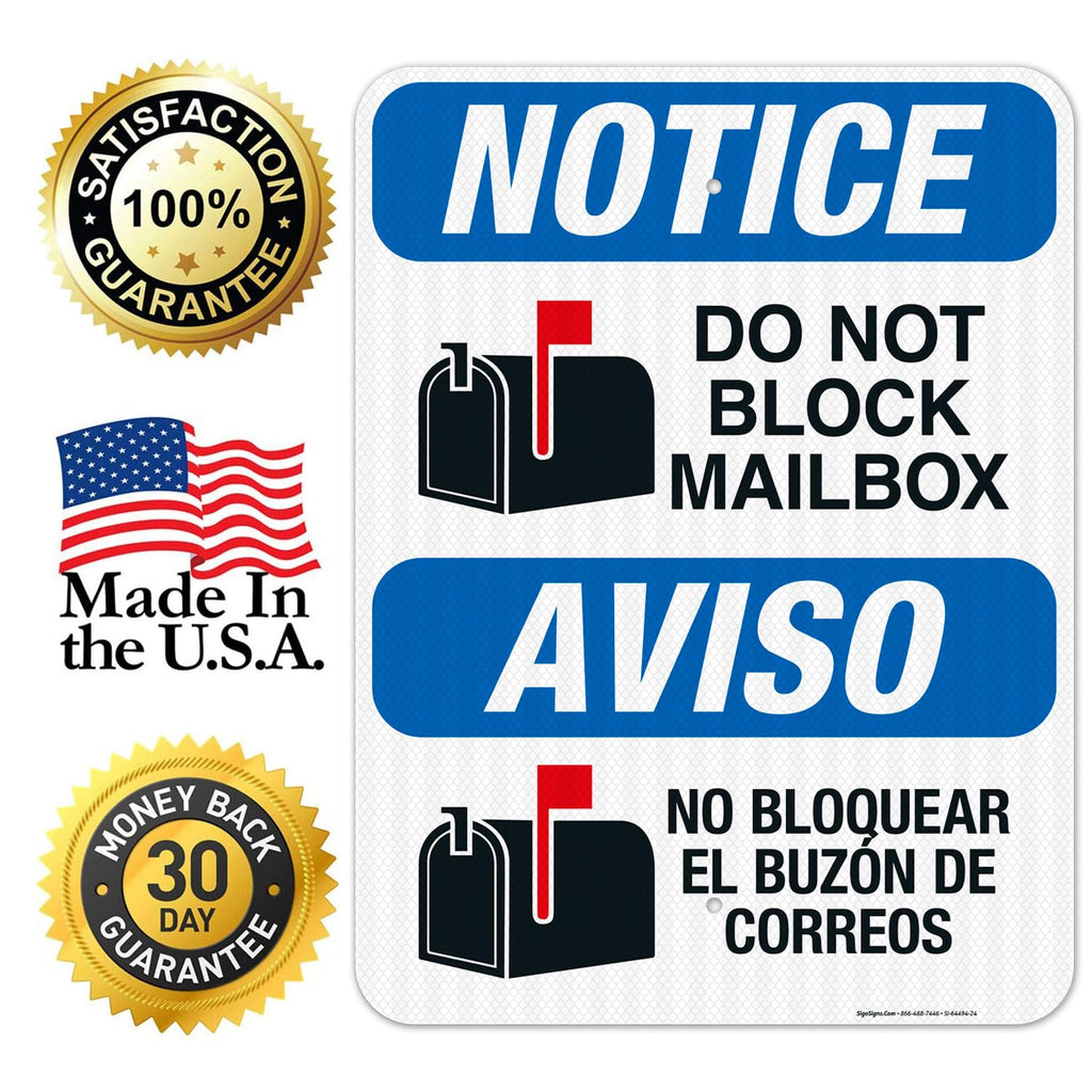 Do Not Block Mailbox Bilingual Sign, 18x24 Inches, 3M EGP Reflective with Post & Cast Iron Base Stand Set Made in USA by Sigo Signs