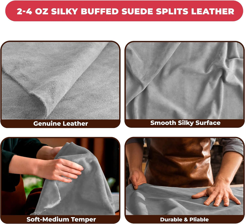 ELW Premium Suede Cowhide 2-4 oz (1-1.6mm) - Soft Full Grain Pre-Cut Side Leather - (2-4 SQ FT 4 PCS,Light Grey) - USA Made Silky Buffed Suede Fabric Leather for Car Upholstery, Garments, Furniture