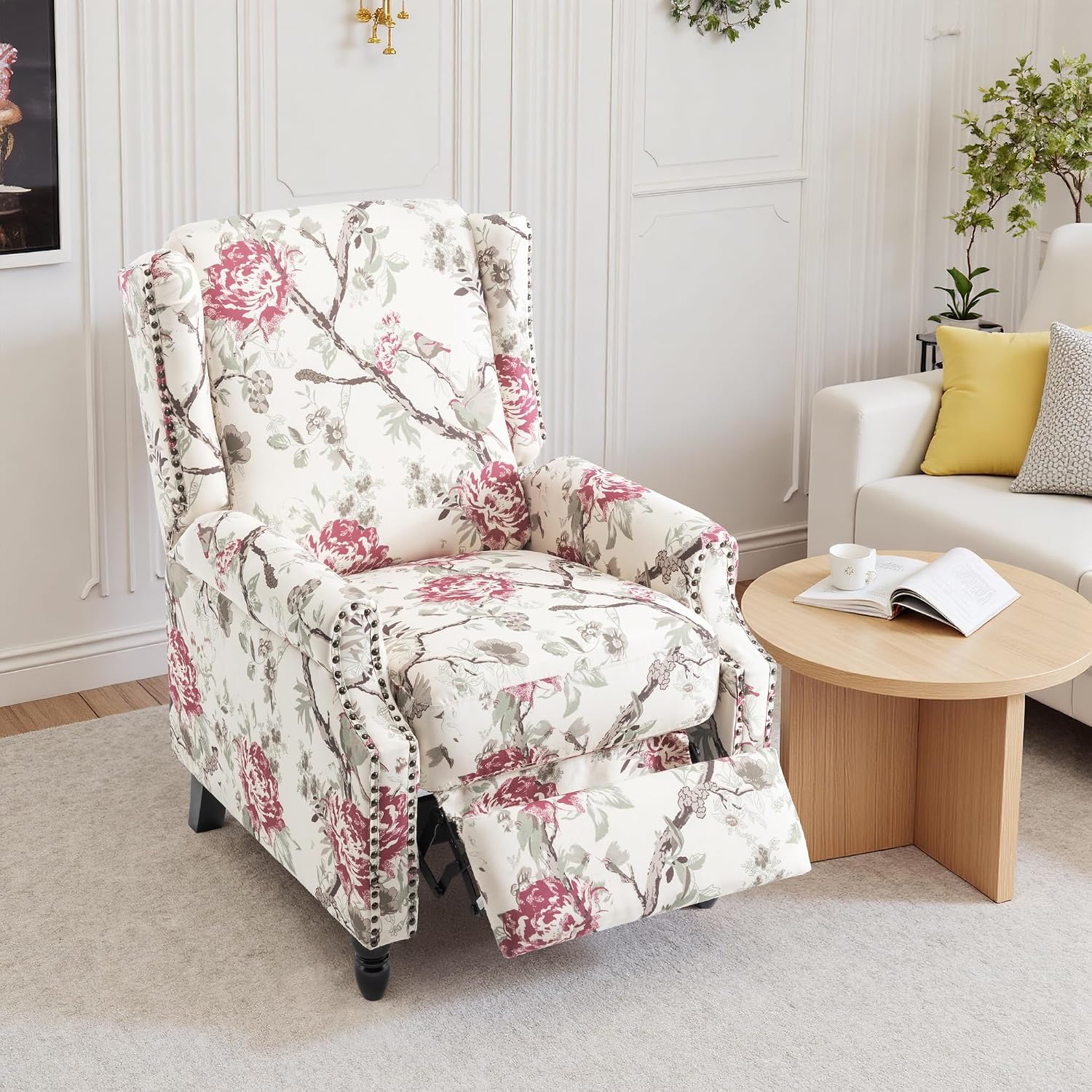 Pushback Recliner Chairs Set of 2, Floral Fabric Wingback Recliner Chair, Upholstered Rivet Trim Armchair Push Back Recliner Accent Chair for Small Spaces, Living Room, Plants Floral