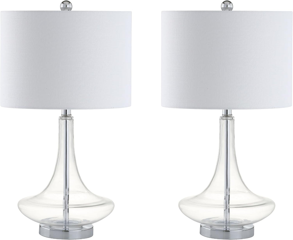 JONATHAN Y 25.5' Clear/Chrome Glass Teardrop Table Lamp Set of 2 for Bedroom, Modern Bedside Lamps for Living Room, White Linen Drum Shade, LED Bulbs Included (JYL1081C-SET2)