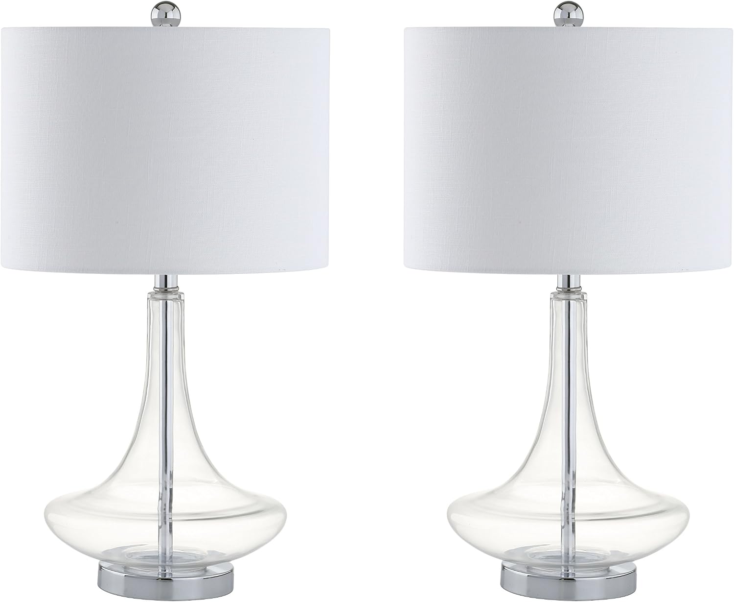 JONATHAN Y 25.5' Clear/Chrome Glass Teardrop Table Lamp Set of 2 for Bedroom, Modern Bedside Lamps for Living Room, White Linen Drum Shade, LED Bulbs Included (JYL1081C-SET2)