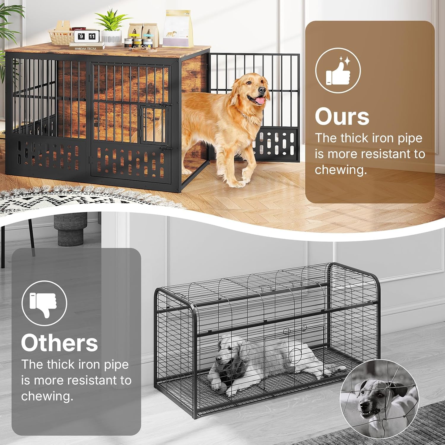 Rovibek 48 Inch Dog Crate Furniture, Wooden Dog Cage Furniture with Window and Adjustable Dogs Bowls 360° Rotatable, Heavy Duty XL Kennel Indoor as End Table, Brown