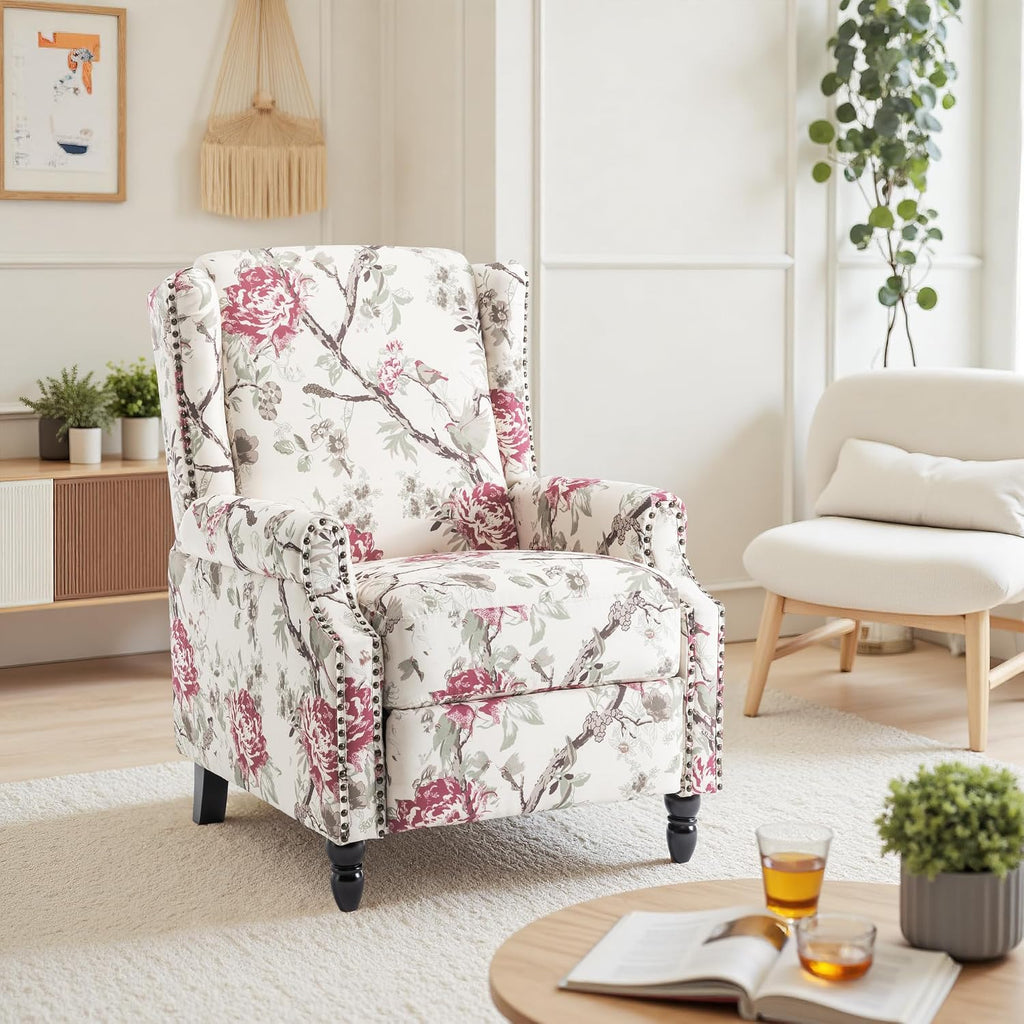 Pushback Recliner Chair, Floral Fabric Wingback Recliner Chair, Upholstered Rivet Trim Armchair Push Back Recliner Accent Chair for Living Room Small Spaces, Plants Floral