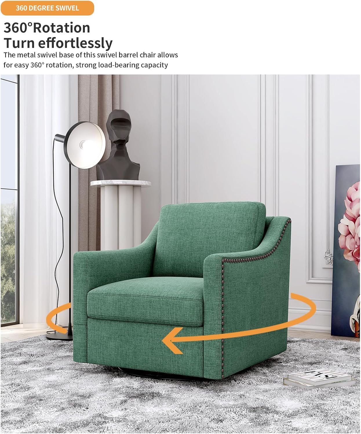 360° Swivel Armchair, Cotton Linen Skin-Friendly Fabric, Ergonomic Design with Brass Nail Decor, Accent Chair for Living Room & Bedroom