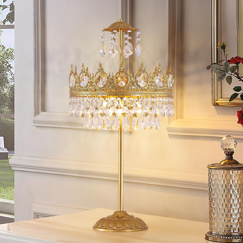 TOCHIC 3 Lights Crystal Table Lamp for Bedroom, 30' Tall Bedside Table Lamp Gold Modern Farmhouse Desk Nightstand Lamp Light Fixture for Living Room, Kids Room, Entryway, Home Office, Console Table