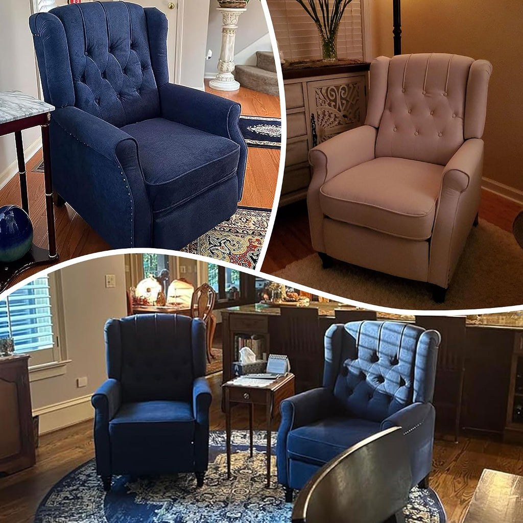 Bonzy Home Wingback Pushback Recliner Chair, High Back Upholstered Armchair with Solid Wood Legs, Rivet Decoration, Blue