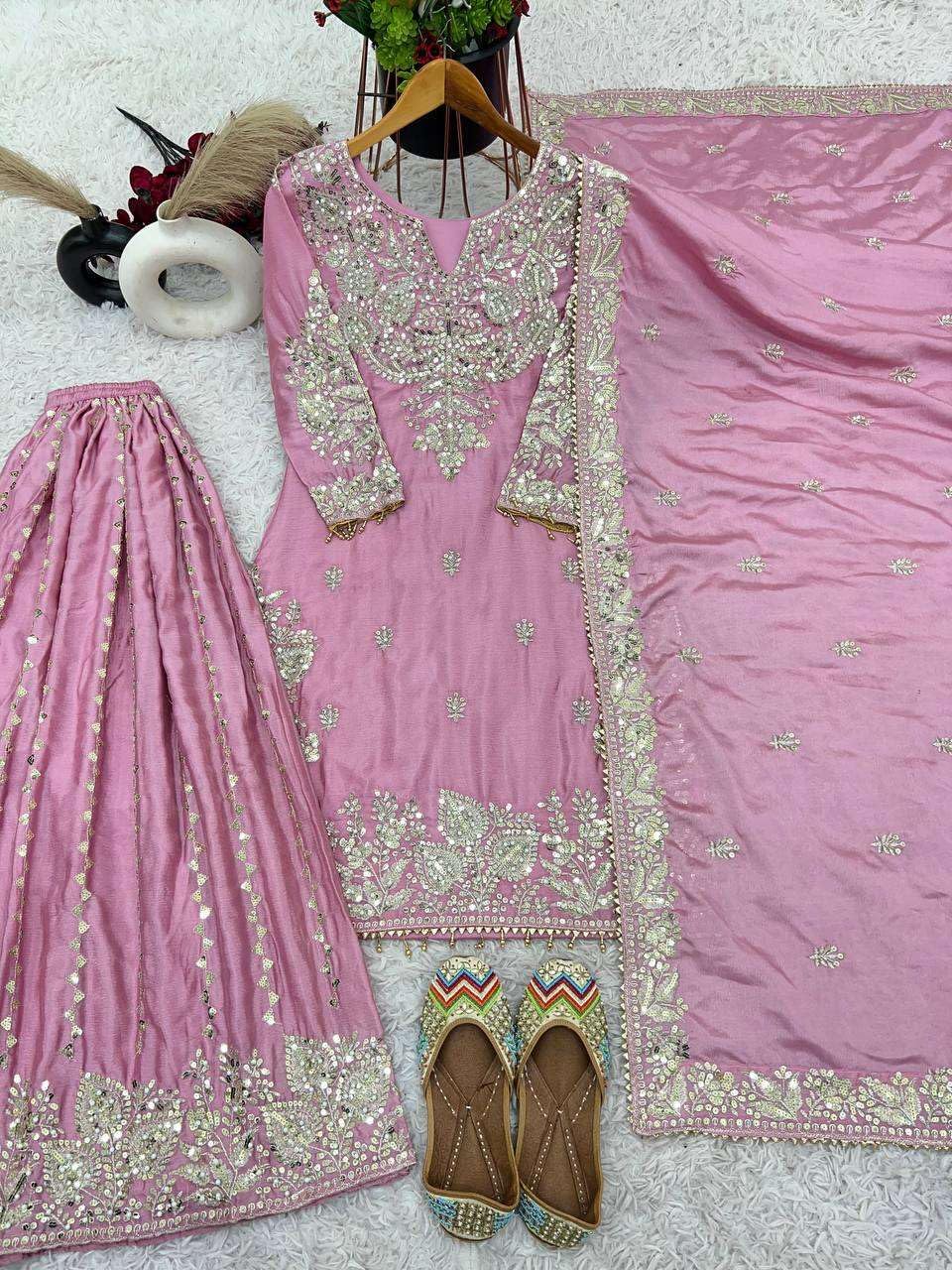 Crest craft Women's Chinon Silk Embroidered Kurti With Sharara & Dupatta Set with Rivet Moti Work