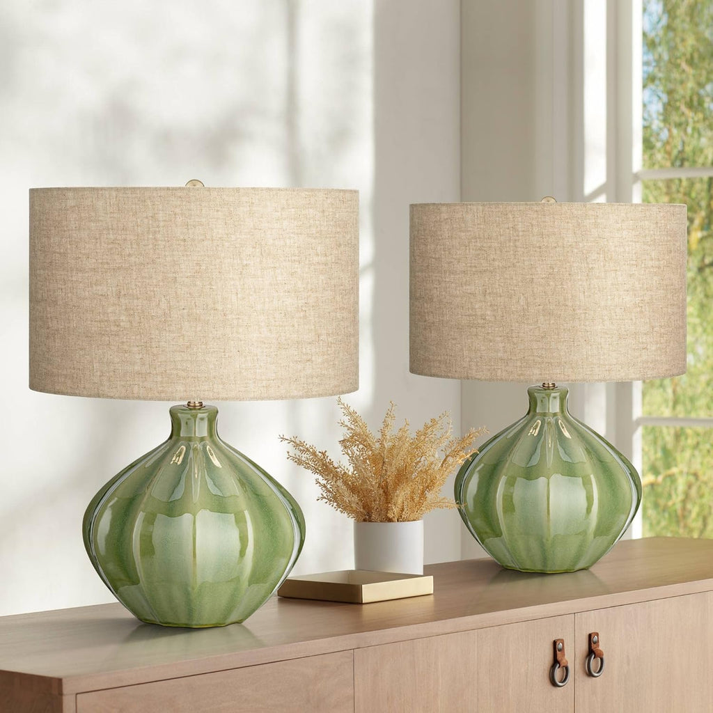 360 Lighting Gordy Mid Century Modern Accent Table Lamps 20 1/2' Tall Set of 2 Green Ribbed Ceramic Oatmeal Fabric Drum Shade for Bedroom Living Family Room Bedside Nightstand House Home