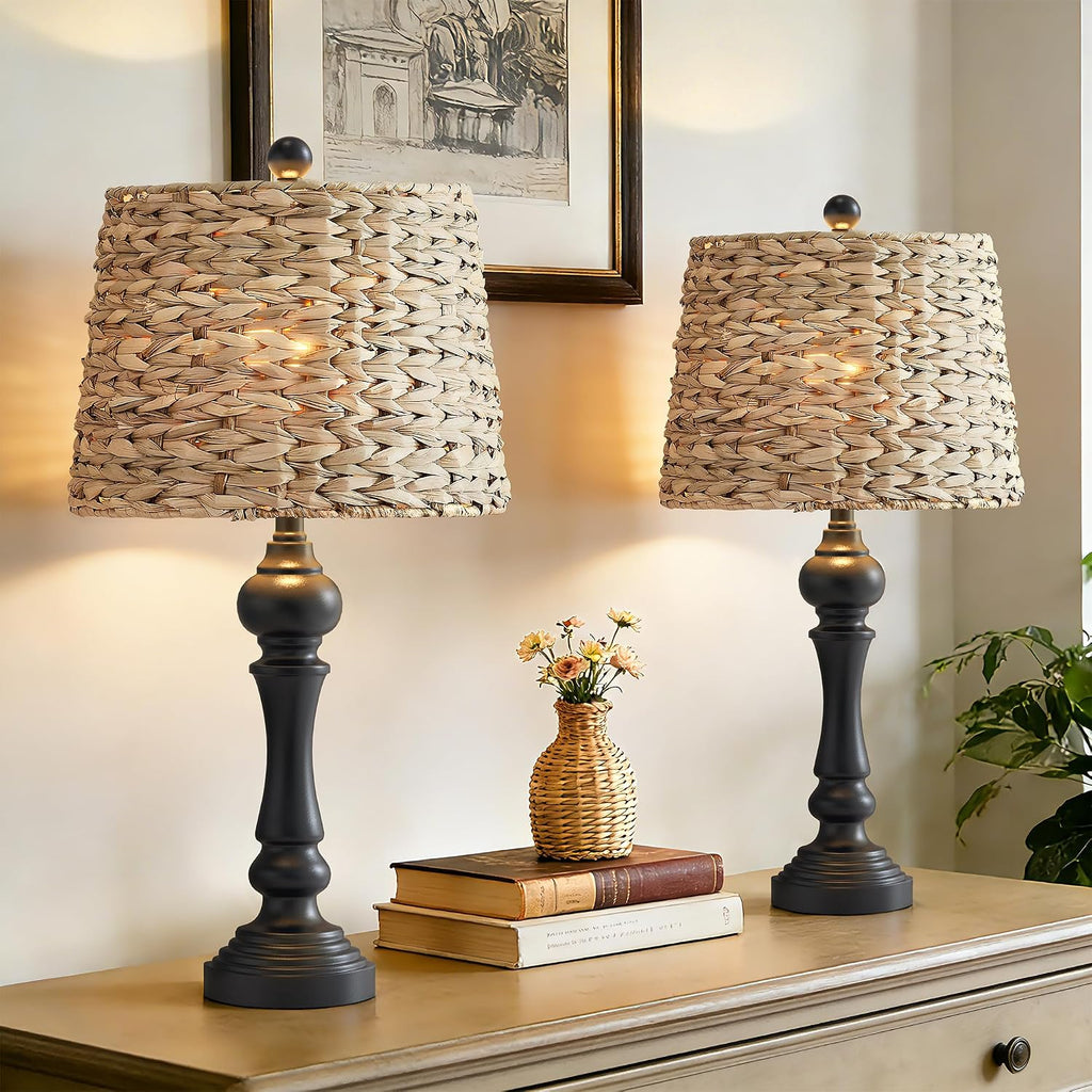 Maxax 26' Boho Rattan Table Lamps for Bedroom Set of 2, Coastal Bedside Lamps with Rattan Shade, Black Farmhouse Wicker Lamps, Rustic Resin Nightstand Lamps for Living Room