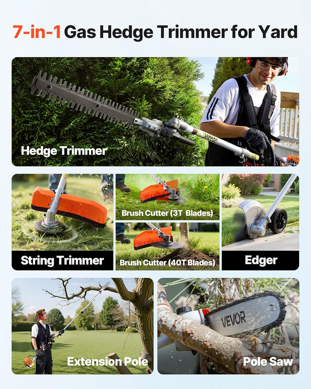 VEVOR Gas Hedge Trimmer, 2 Cycle Gas Power Handheld Trimmer, 7-in-1 26cc Weed Eater with Extension Pole & Protective Gear Set, Includes Hedge & String Trimmer, Brush Cutter(3T & 40T), Edger, Pole Saw