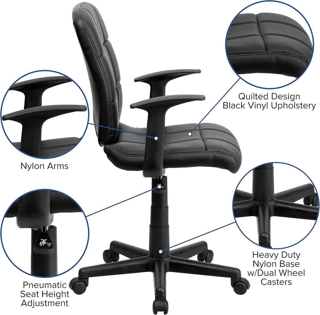 Flash Furniture Clayton Mid-Back Black Quilted Vinyl Swivel Task Office Chair with Arms