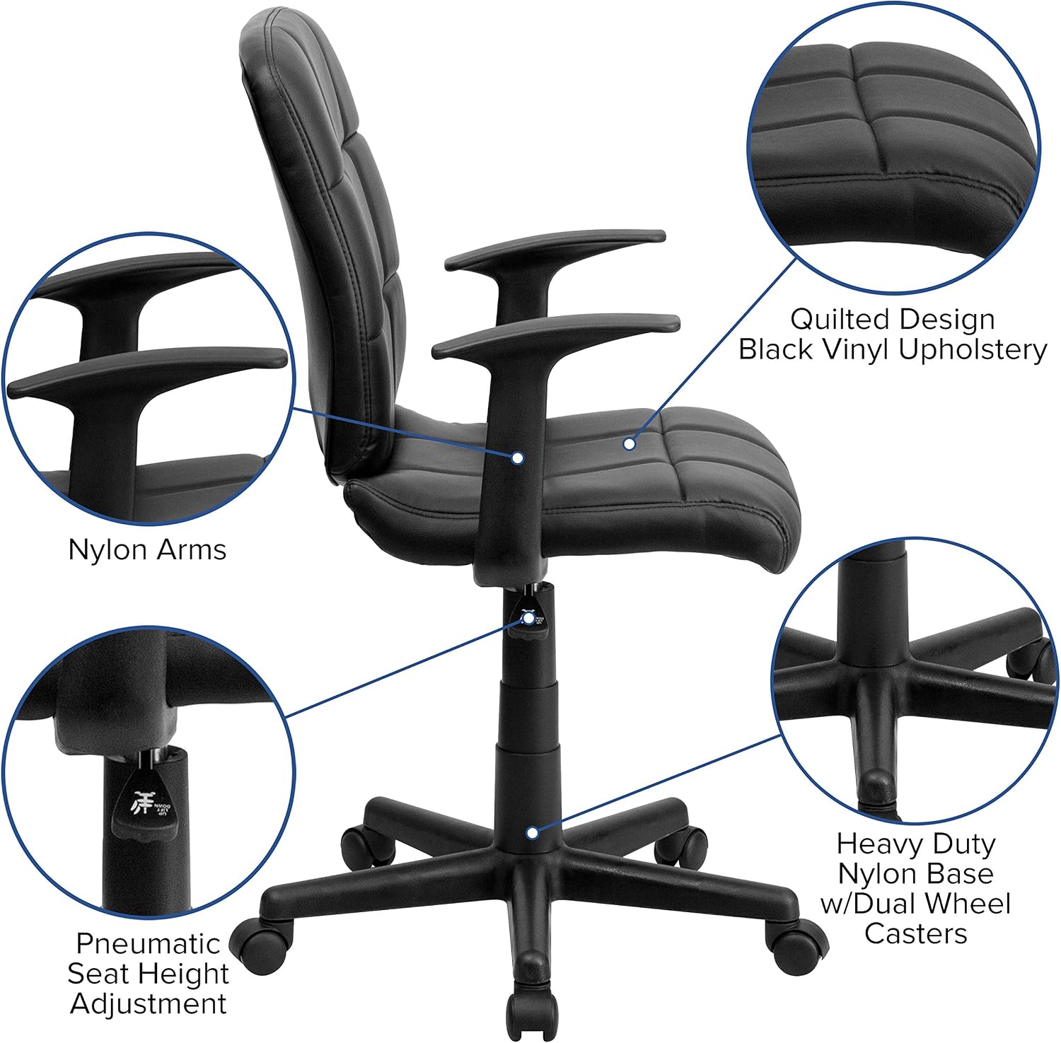 Flash Furniture Clayton Mid-Back Black Quilted Vinyl Swivel Task Office Chair with Arms
