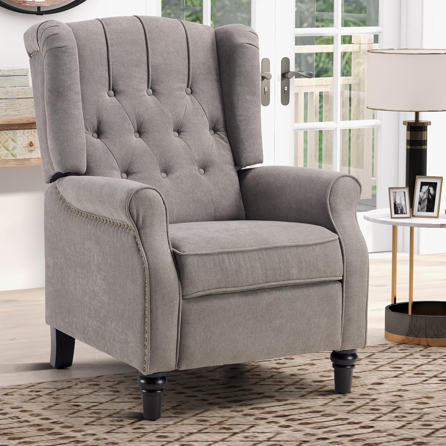 IOMOR Push Back Recliner Chair Fabric Lounge Armchair Pushback Recliner with Rivet Decoration Wingback Single Sofa Chair with Padded Seat for Living Room, Bedroom (1, Grey)