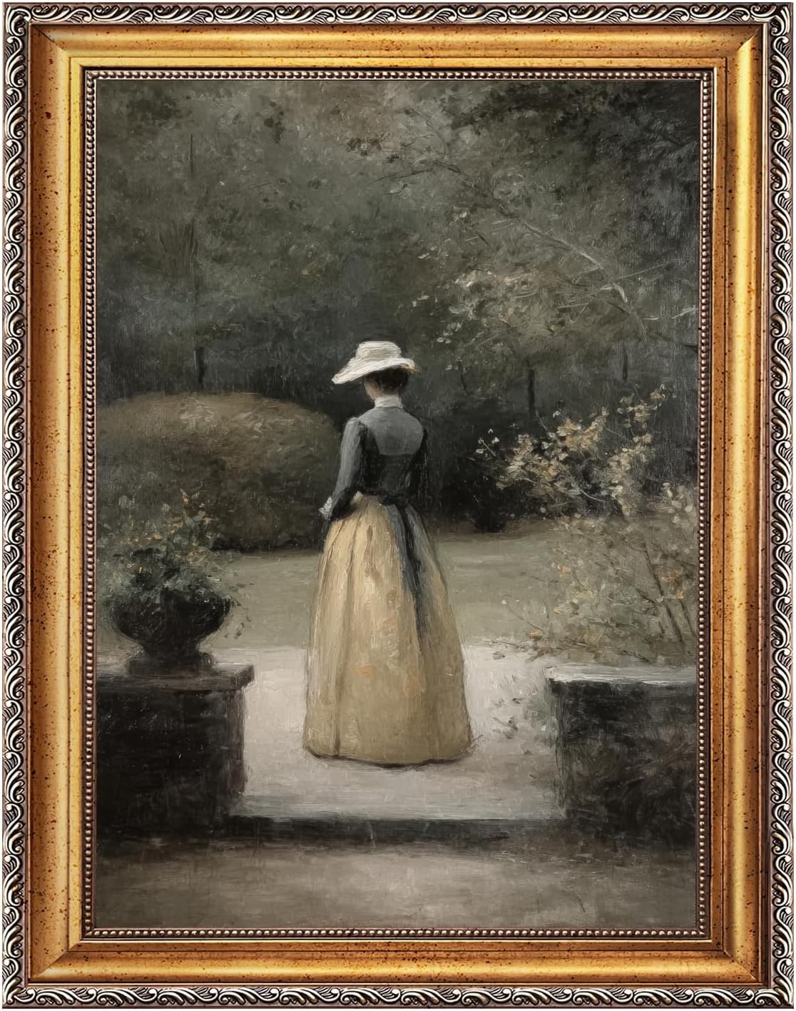 Large Framed Woman in Garden Oil Painting Poster Vintage Courtyard Female Canvas Wall Art Romantic European Victorian Lady Artwork Print Classic Cottage Decor for Bedroom Living Room 24x36inch