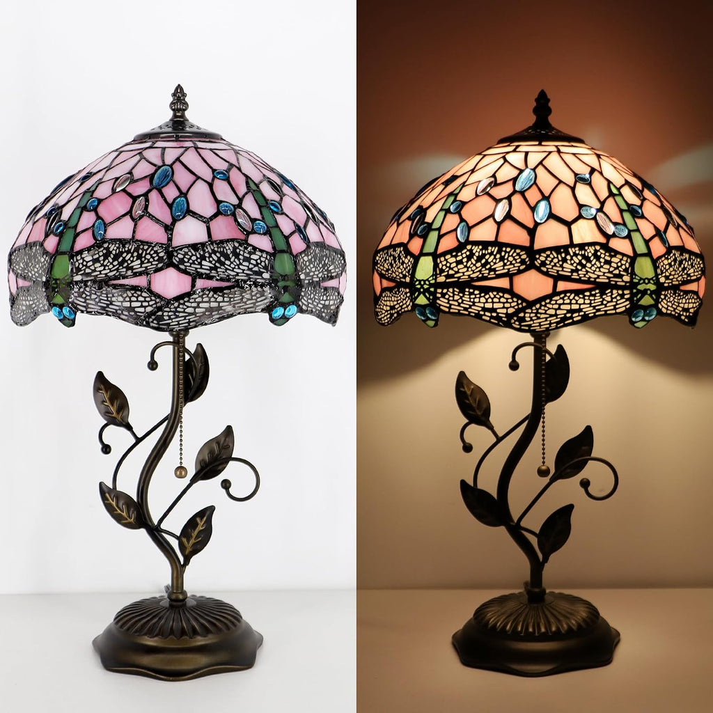 Tiffany Lamp Pink Dragonfly Style Stained Glass Table Lamp Desk Bedside Reading Light 12X12X19 Inches with Metal Leaf Base