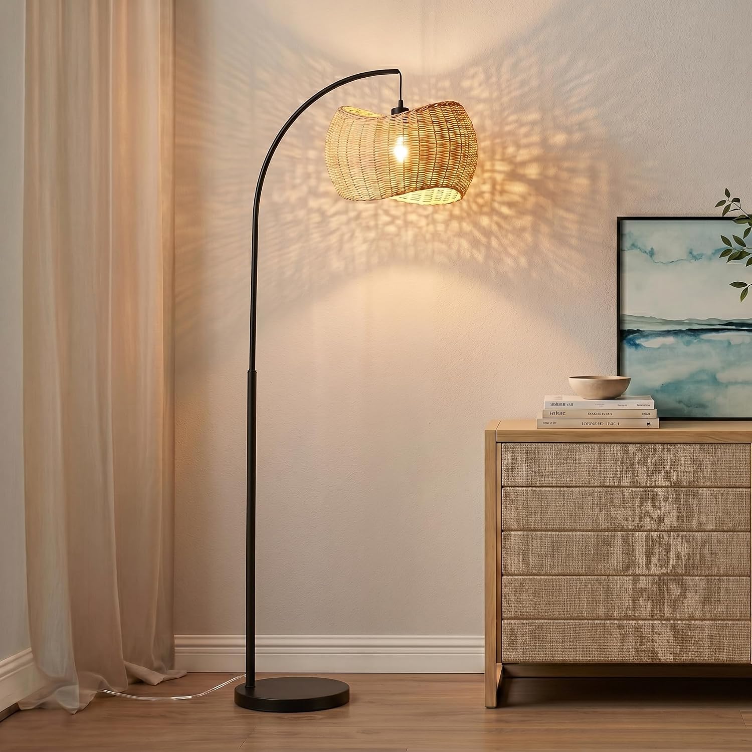 Brightech Wave Arc Floor Lamp - Chic Standing Lamp with Unique Hanging Wicker Pendant Shade for Living Room, Boho Rattan Natural Decor Lamp, Arcs Over Sofa, Bedroom & Office Desk for Reading - Black