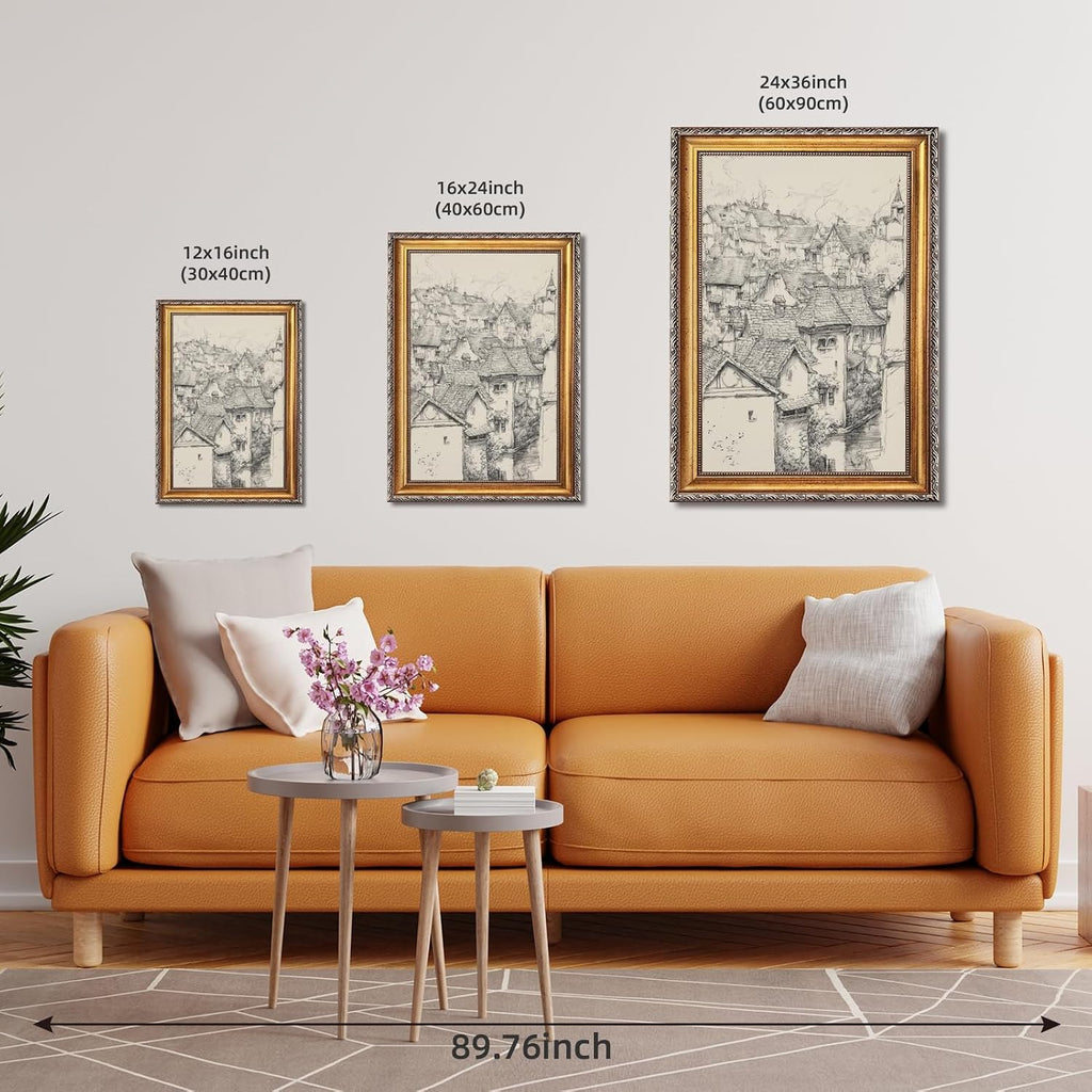 Large Gold Framed European Old Town Sketch Canvas Wall Art Vintage Medieval Village Architecture Poster French Cityscape Rustic Travel Art Painting Prints Artwork Farmhouse Home Decor 24x36inch