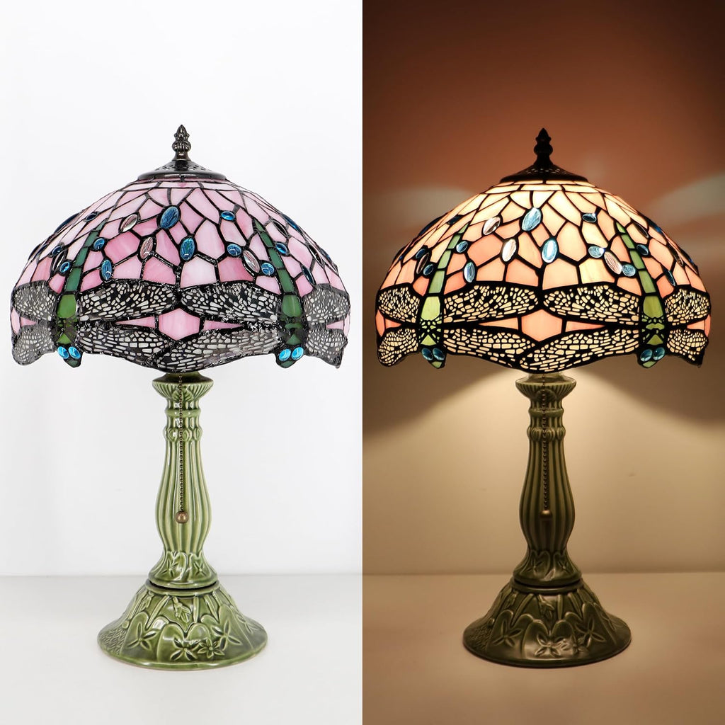 Tiffany Lamp Stained Glass Table Lamps Pink Dragonfly Style Desk Lamp12X12X18.5 Inch Bronze Ceramic Base Reading Light Suitable for Bedside Bedroom Living Room Dining Room Office