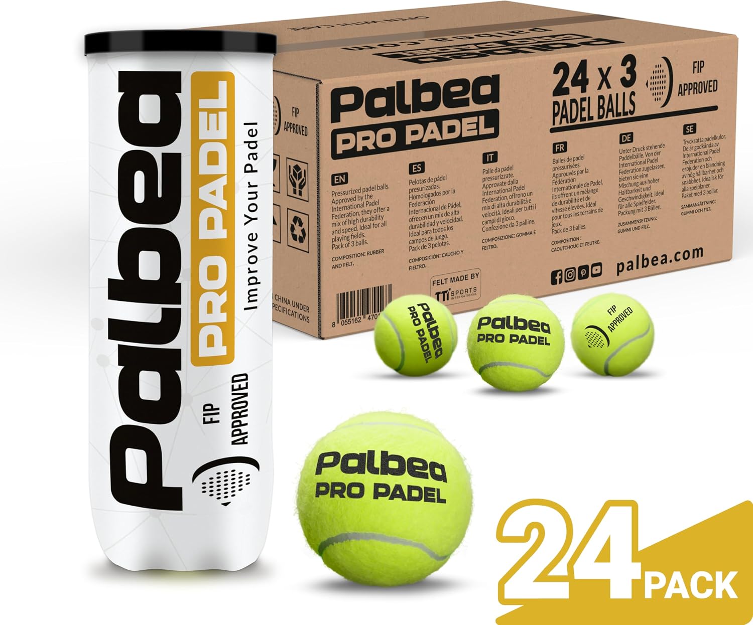 Palbea PRO Padel Balls. 6/12/24 Tubes of 3 Padel Tennis Balls FIP Approved | Paddle Balls made of HV Felt for Training and Tournament. Suitable for Any Surface or Sites.
