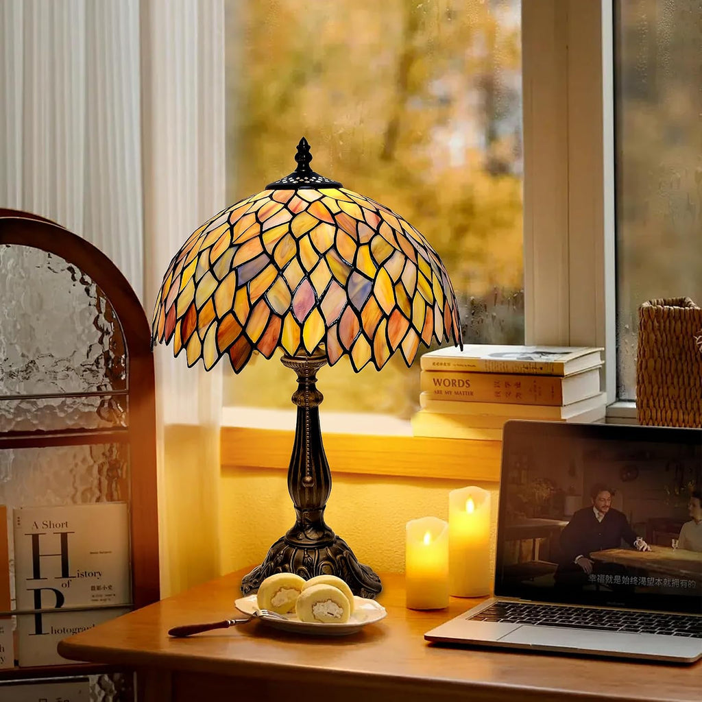 Tiffany Style Table Lamp Vintage Stained Glass Desk Lamp Mable Gradient Green Wisteria Bedside Reading Light Decor Bedroom Living Room Home Office D12 xH18