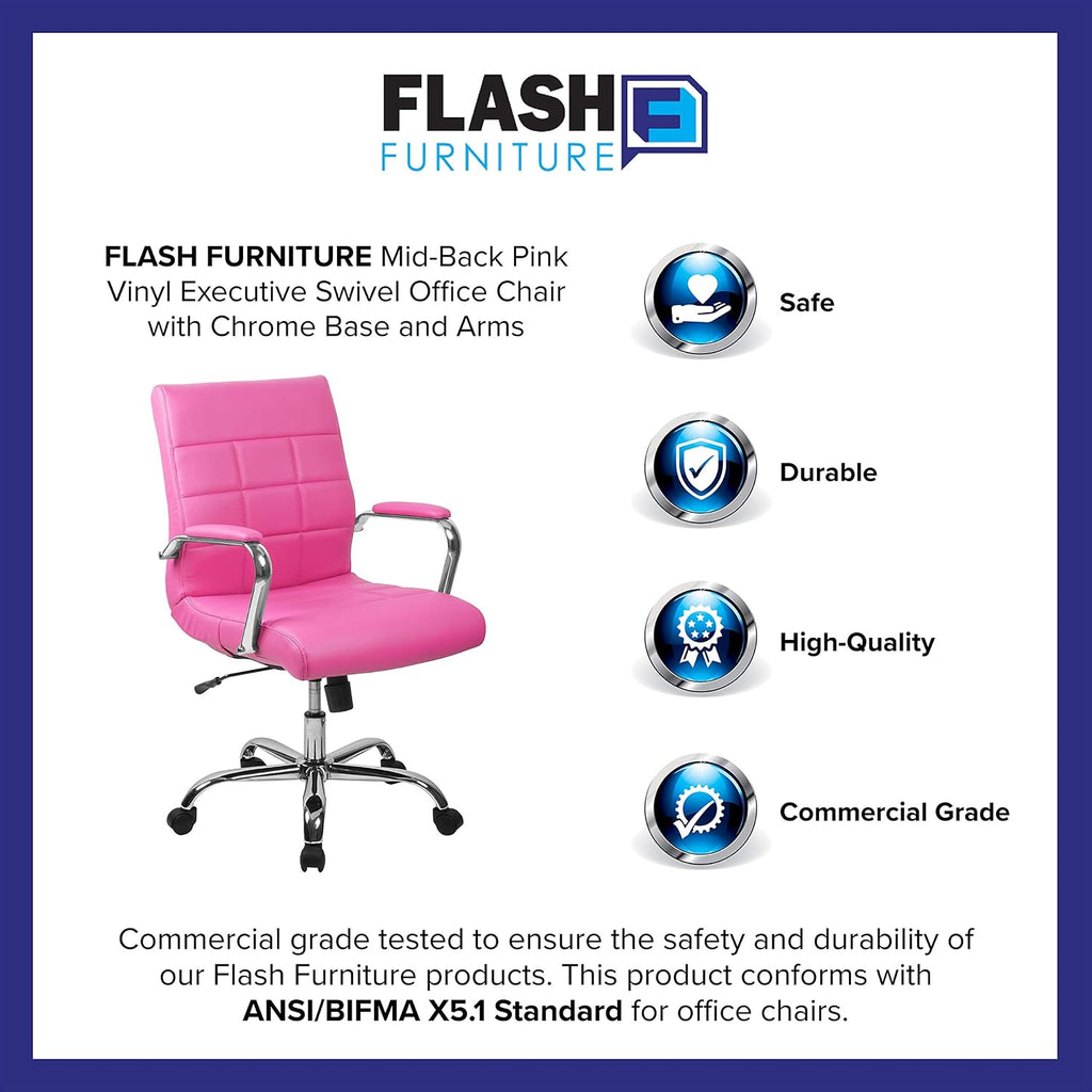 Flash Furniture Vivian Mid-Back Pink Vinyl Executive Swivel Office Chair with Chrome Base and Arms