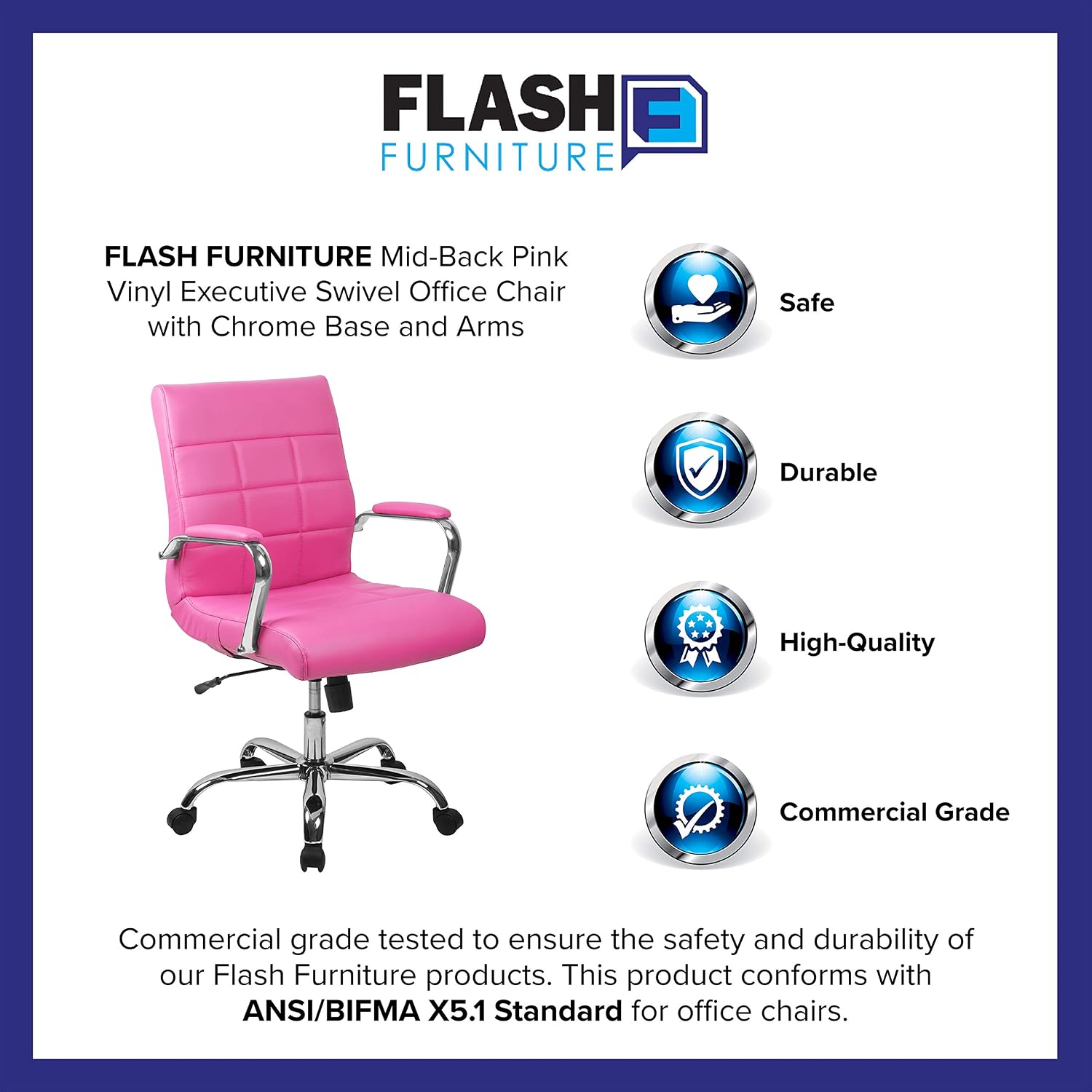 Flash Furniture Vivian Mid-Back Pink Vinyl Executive Swivel Office Chair with Chrome Base and Arms