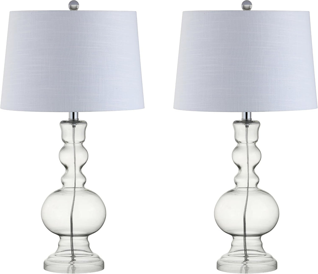 JONATHAN Y 28.5' Clear Glass Table Lamp Set of 2 for Living Room Bedroom Decor, Modern Bedside Lamps with White Linen Shade, LED Bulbs Included (JYL1061B-SET2)