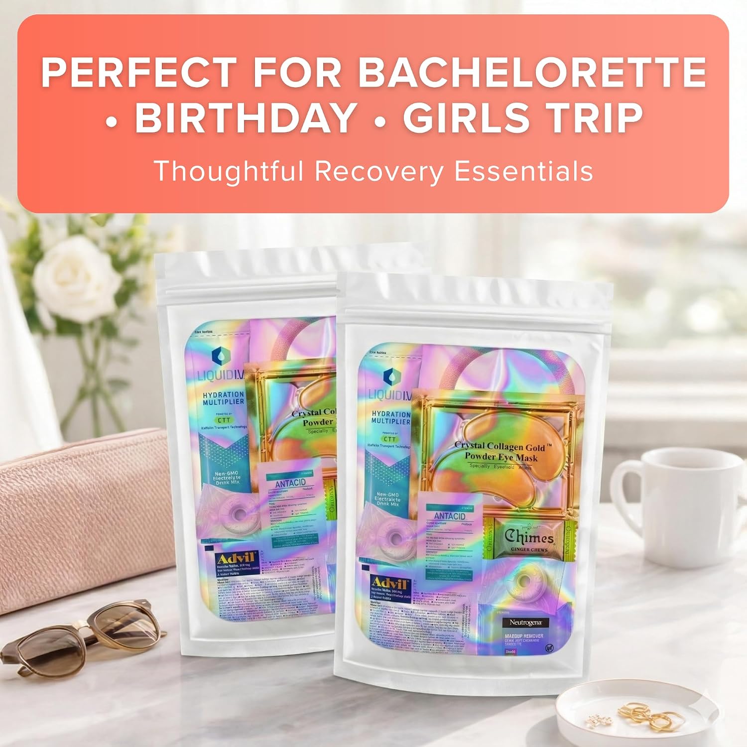 Stuhrling Bottle TrekTote Hangover Recovery Kit for 21st Birthday Parties, Bachelorette, Ladies Night, Weekends Trips, Trendy Morning-After Essentials, 1 Pack or Bulk Cases