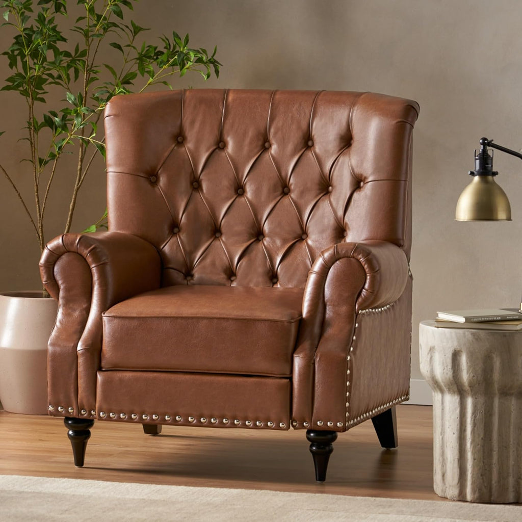 Classic Style Manual Push Back Chair with Exquisite Rivet Decor and Rolled Armrests, Ideal for Living Room Relaxation and Daily Seating (Light Brown + PU)