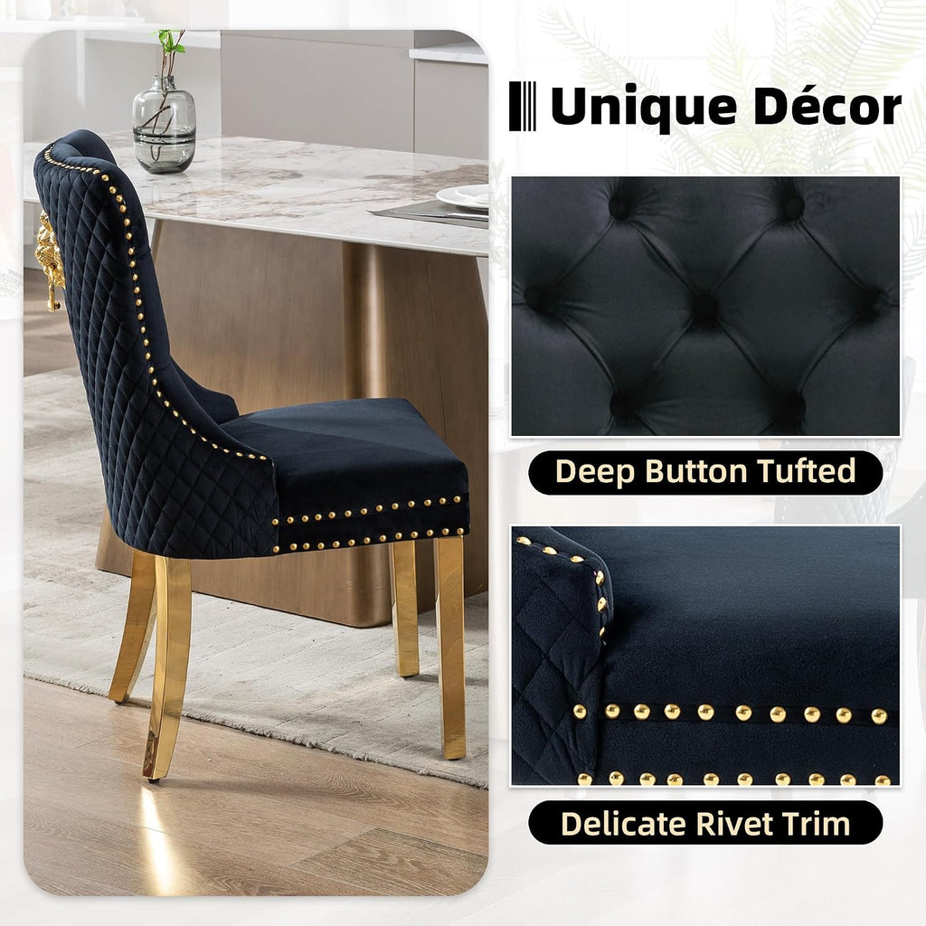 Velvet Dining Chairs Set of 2, Upholstered Dining Room Chairs, Mid-Century Modern Chairs with Diamond Lattice Tufted Back, Lion Pull Ring Rivet Trim, Golden Metal Legs for Kitchen, Black