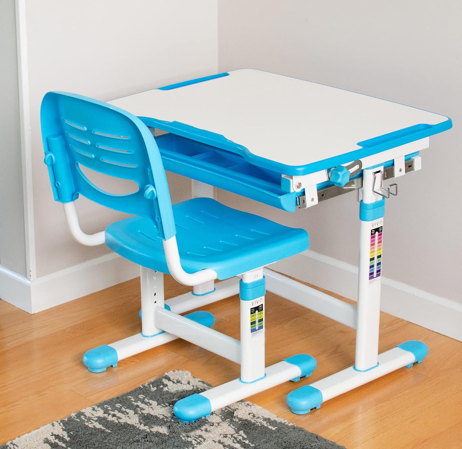 VIVO Height Adjustable Children's Desk and Chair Set, Kids' Multifunctional Interactive Workstation for School Writing Study Play, Tilting Desktop with Pullout Storage Drawer, Blue, DESK-V201B