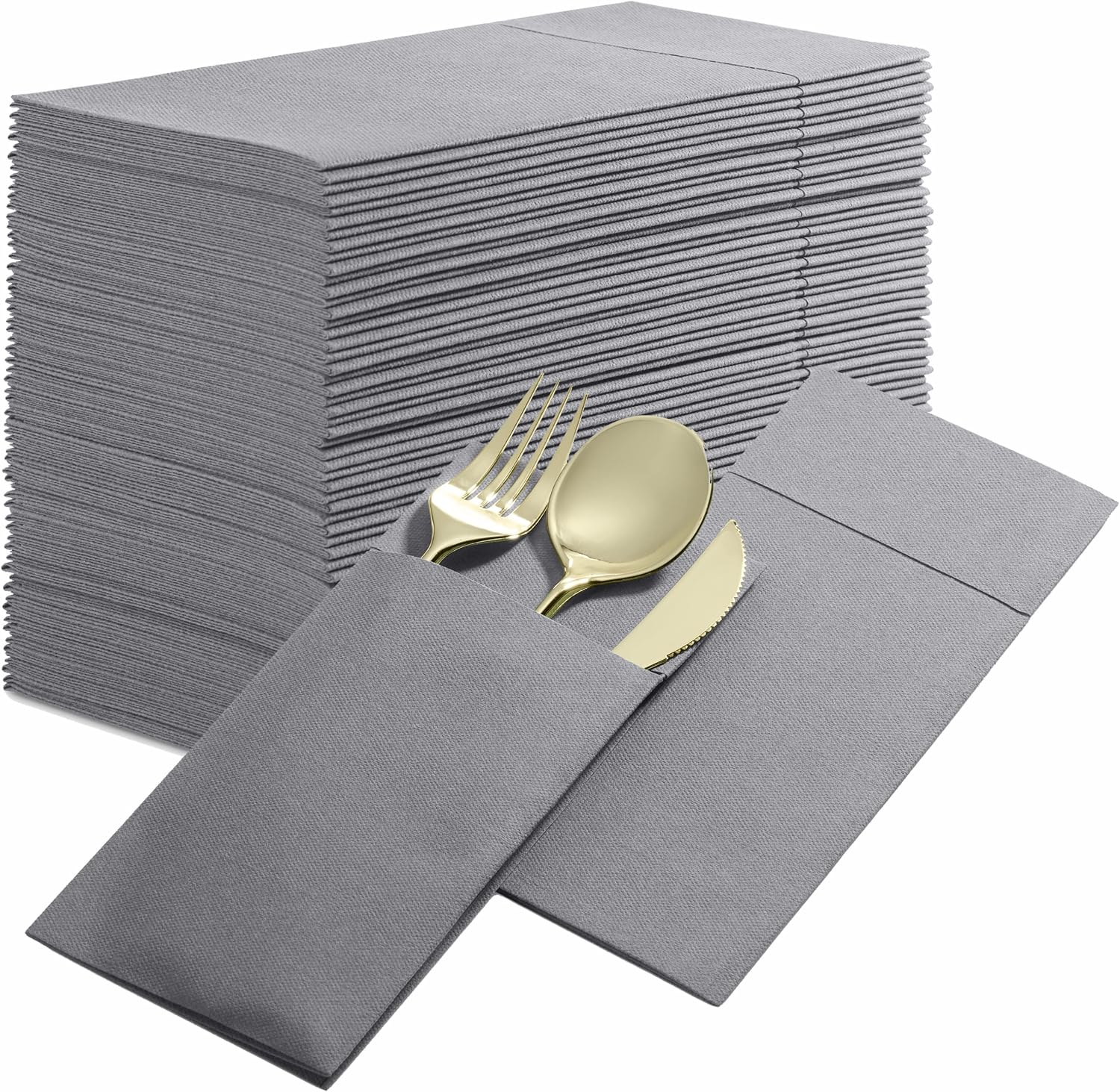 Disposable Linen-Feel Dinner Napkins with Built-in Flatware Pocket, 500-Pack GRAY Prefolded Cloth Like Paper Napkins For Dinner, Wedding Or Party [Silverware NOT Included]
