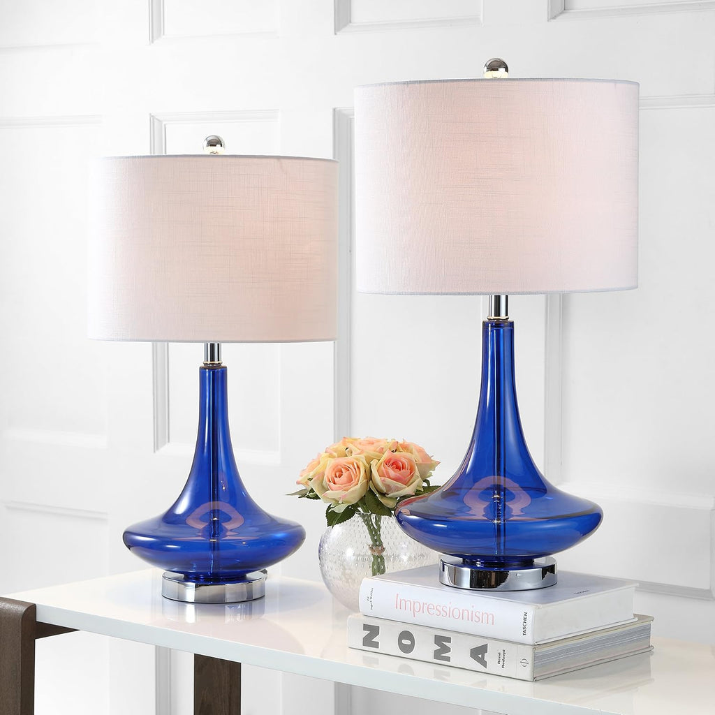 JONATHAN Y 25.5' Cobalt/Chrome Glass Teardrop Table Lamp Set of 2 for Bedroom, Modern Bedside Lamps for Living Room, White Linen Drum Shade, LED Bulbs Included (JYL1081D-SET2)