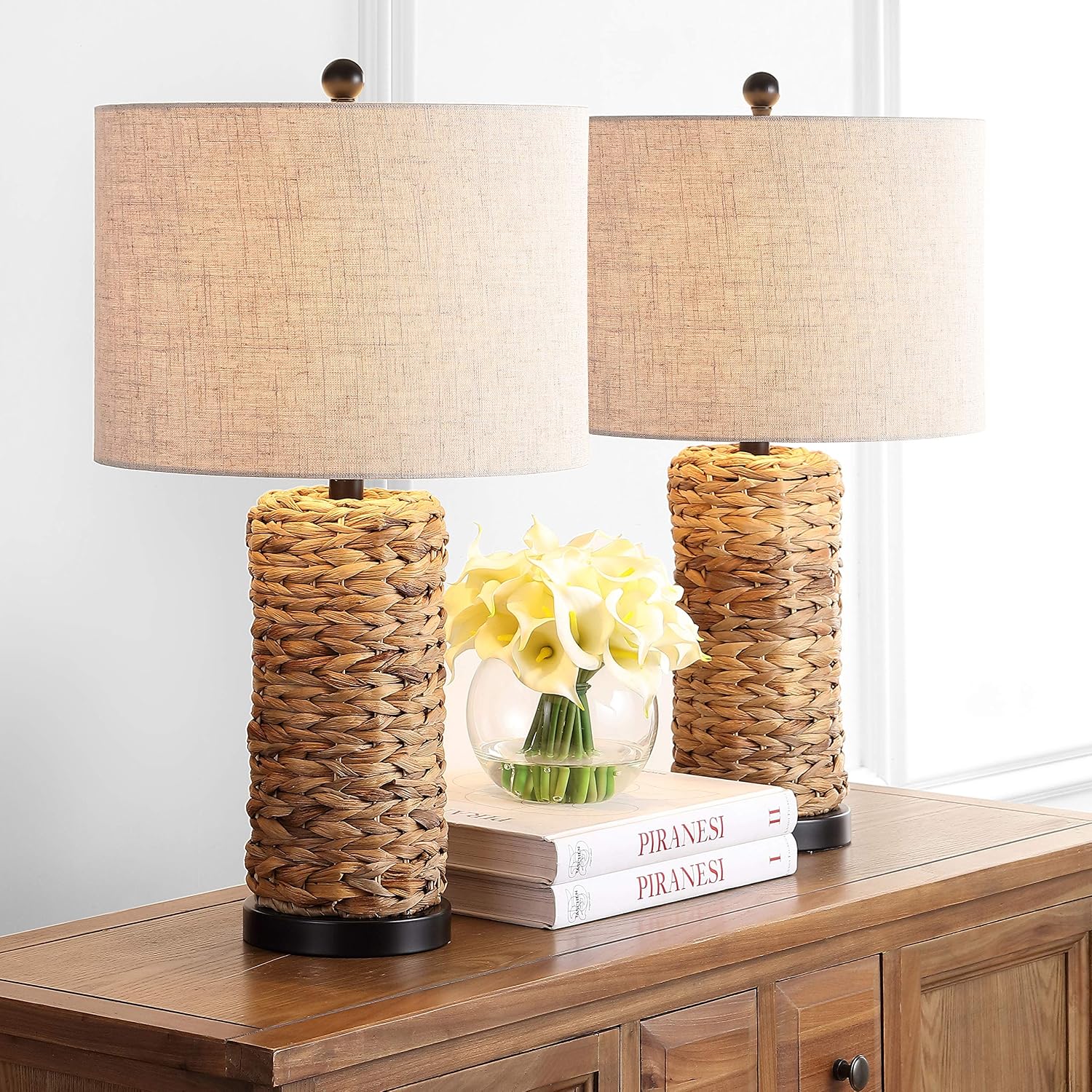 JONATHAN Y 25' Natural Coastal Water Hyacinth Table Lamp Set of 2, Bedside Lamp with Light Grey Linen Shade, Boho Farmhouse Decor for Living Room Nightstand, LED Bulbs JYL6502A-SET2