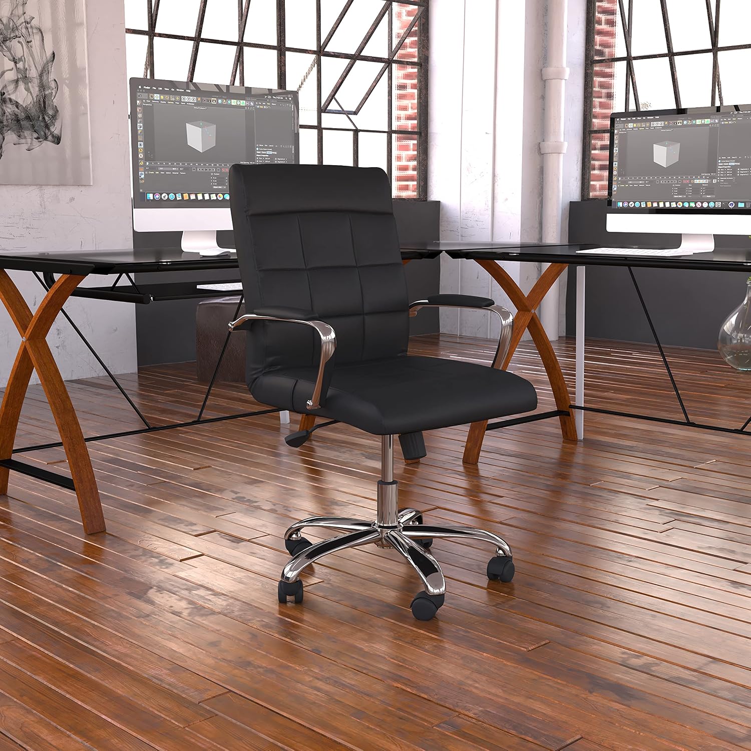 Flash Furniture Vivian Mid-Back Swivel Vinyl Upholstered Desk Chair with Padded Seat and Armrests, Adjustable Height Padded Office Chair, Black/Chrome