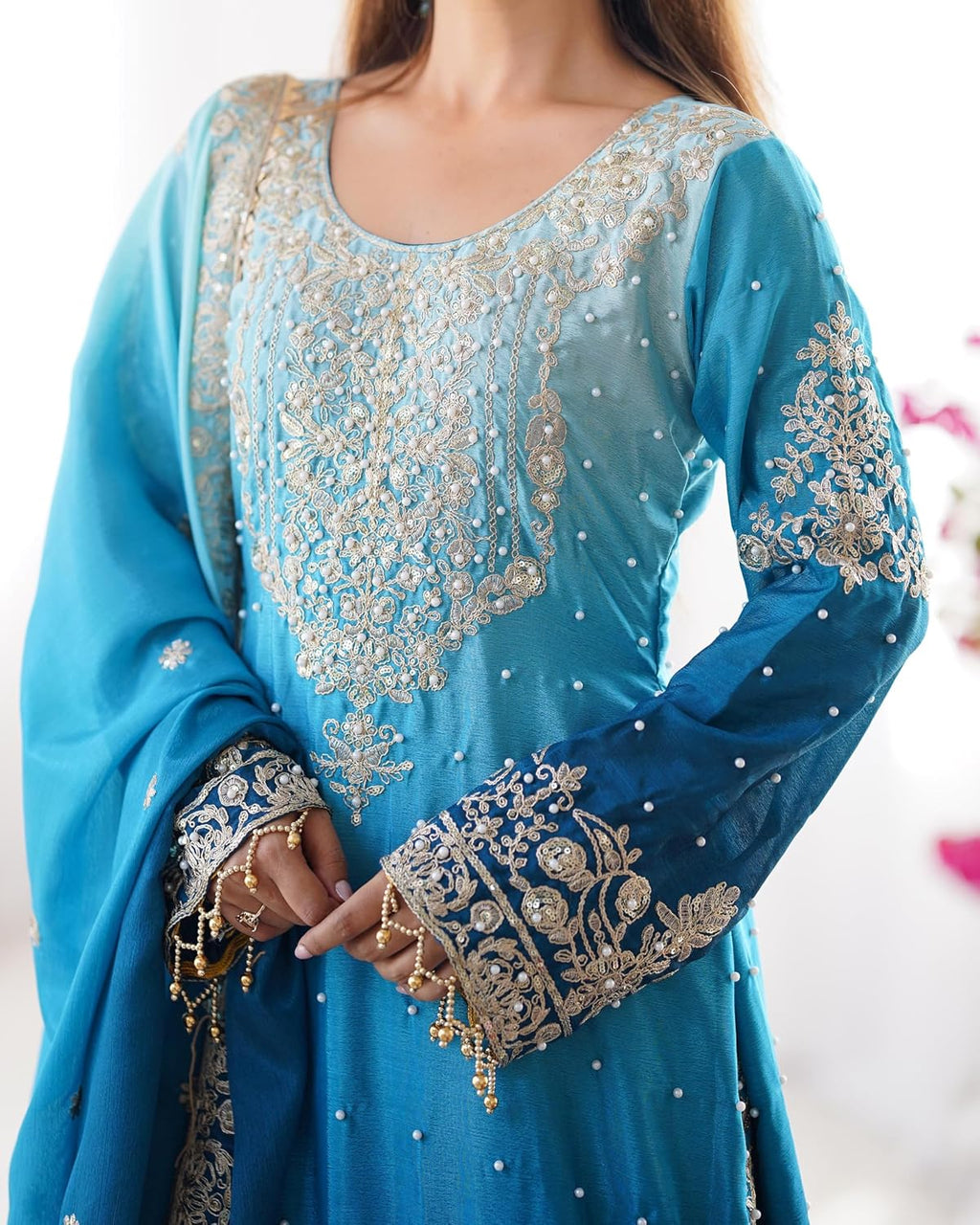 Indian Women's Chinon Silk Fabric Coding Dori Sequence with Rivet Moti Work ShararaSuit 13142