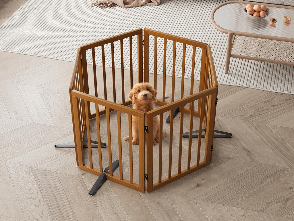Semiocthome Walnut Dog Gates for Doorways, 6-Panel Freestanding Dog Gate Indoor for the House Stairs, 24' H Foldable Wooden Pet Gates with 4PCS Metal Stands, Expands Up to 110' (W)
