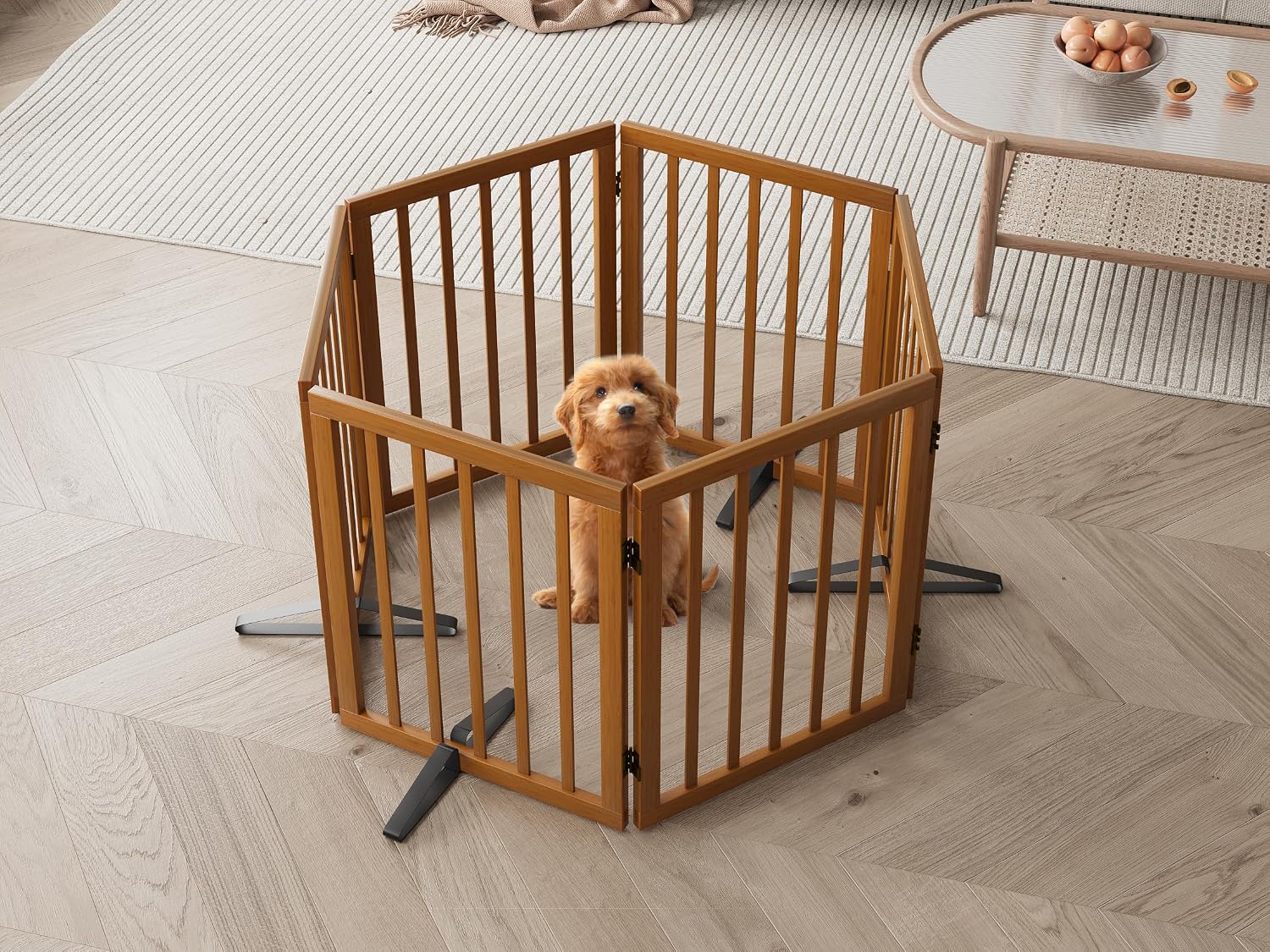 Semiocthome Walnut Dog Gates for Doorways, 6-Panel Freestanding Dog Gate Indoor for the House Stairs, 24' H Foldable Wooden Pet Gates with 4PCS Metal Stands, Expands Up to 110' (W)